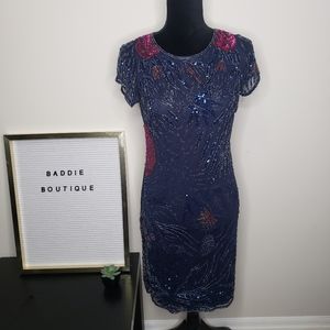 Pisarro Nights beaded red rose dress navy blue